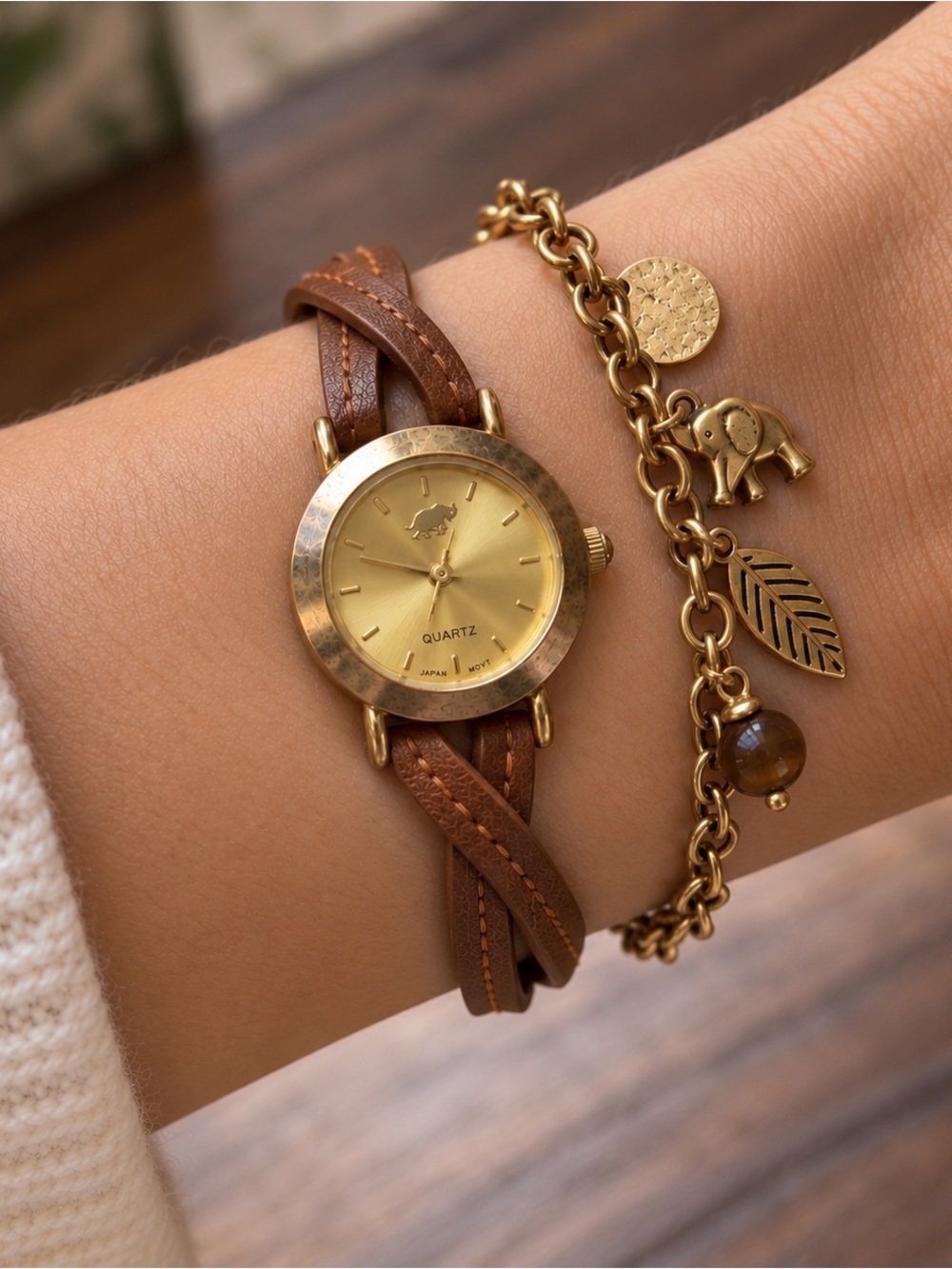 Francesca's Elephant Watch Gold Tone Sunburst Twist Strap Womens Boho Chic
